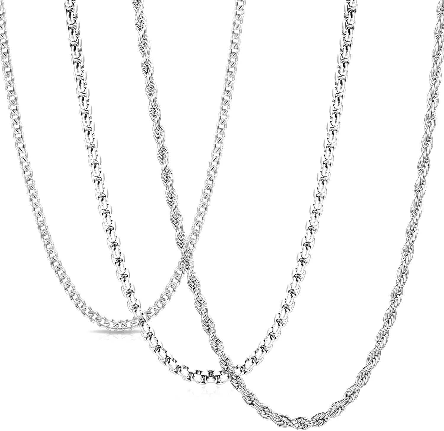 3Pcs Chain Necklace for Men Women Stainless Steel Cuban Link Rolo Rope Chain Necklace 18-30 Inches Silver Chain for Men 2-4MM Wide