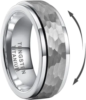 8mm Silver/Black/Gold Spinner Tungsten Titanium Fidget Rings for Men Women Anxiety Released Hammered Design Engagement Wedding Band Stepped Edges Comfort Fit