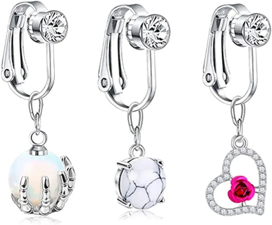 Atiptu 14G Belly Button Rings Surgical Steel Dangle Belly Rings for Women 3Pcs Crown Heart Butterfly Belly Button Rings,Clear CZ Butterfly Navel Rings Barbell Body Belly Button Piercings Jewelry