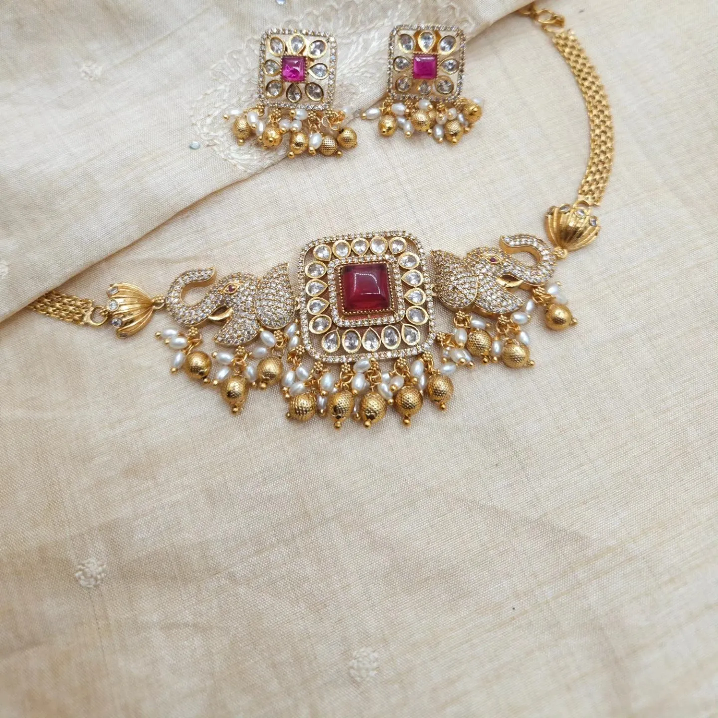 Goldplated Victorian choker necklace set with CZ stones