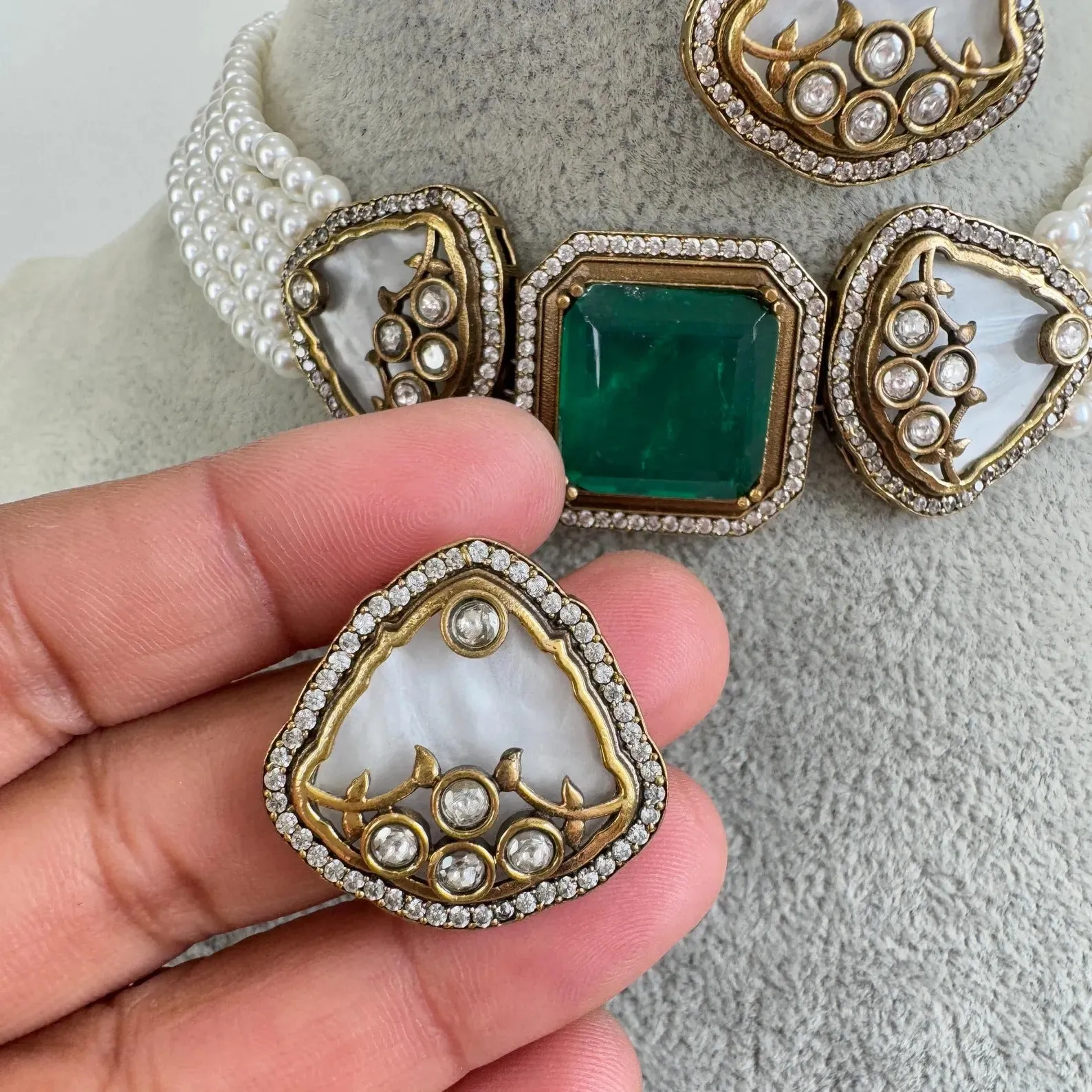 Green Victorian Doublet Kundan CZ diamond choker Necklace