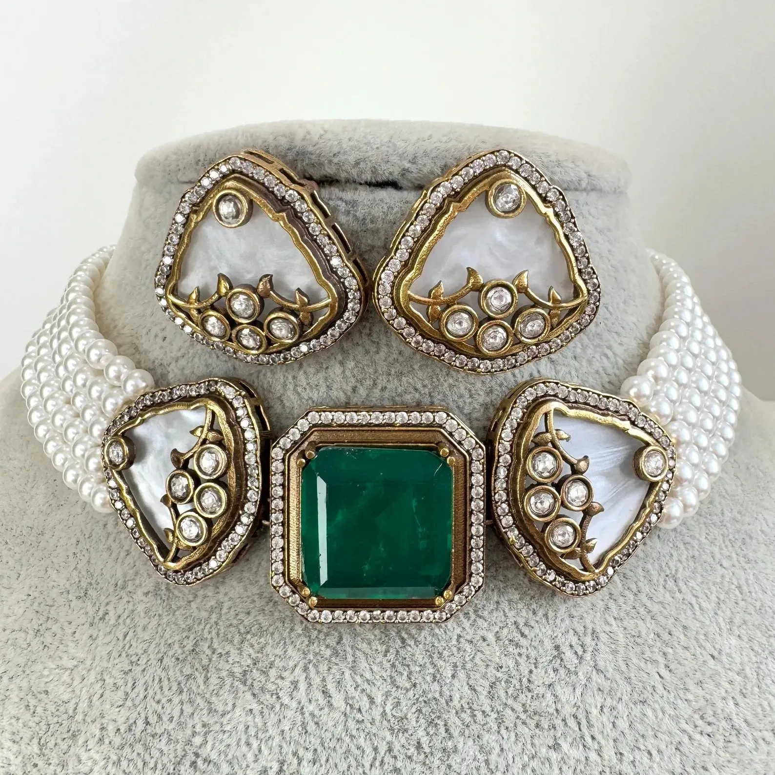 Green Victorian Doublet Kundan CZ diamond choker Necklace