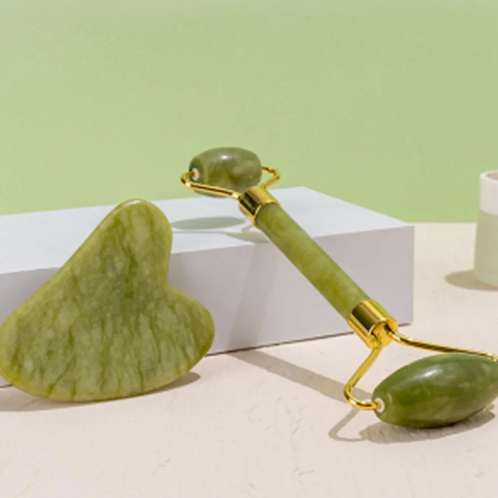 Jade Roller & Guasha Massage Set 100% Natural Jade