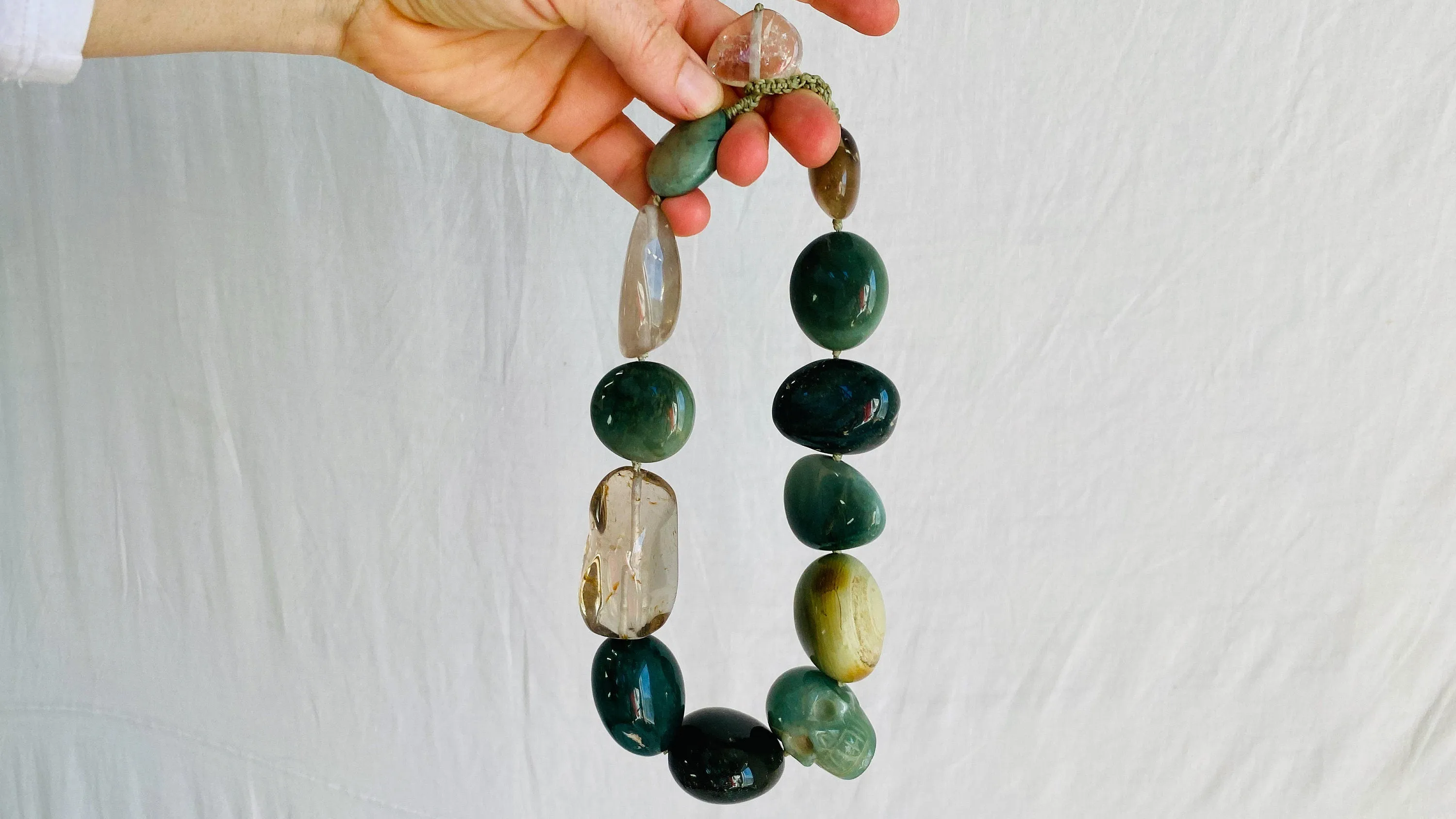 Jade Skull, Green Jasper, Quartz, Choker.