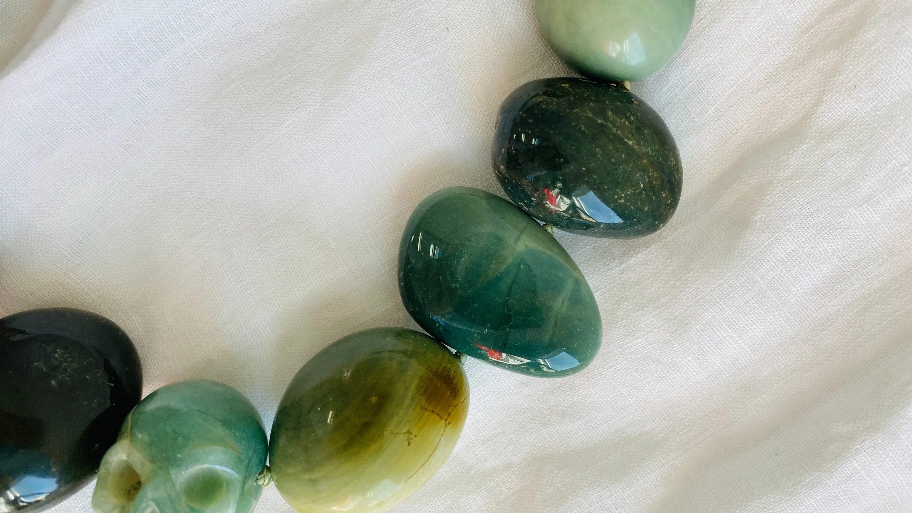 Jade Skull, Green Jasper, Quartz, Choker.