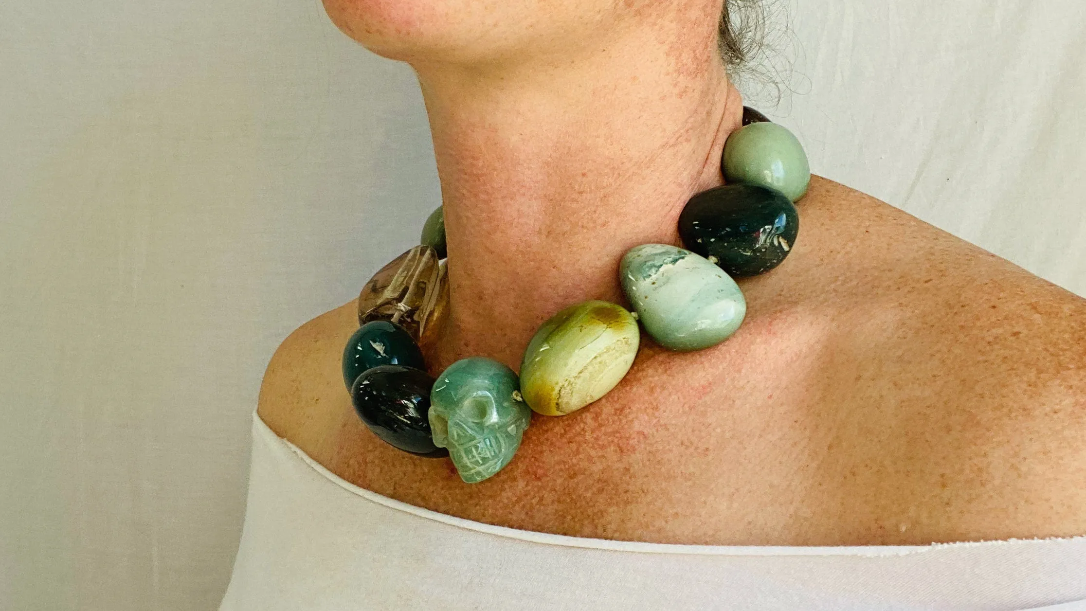 Jade Skull, Green Jasper, Quartz, Choker.