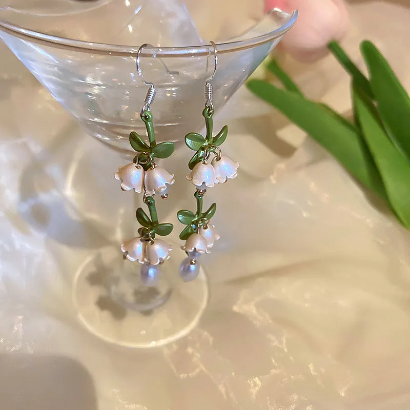 Lily of the Valley Flower Pearl Long Wedding Earrings