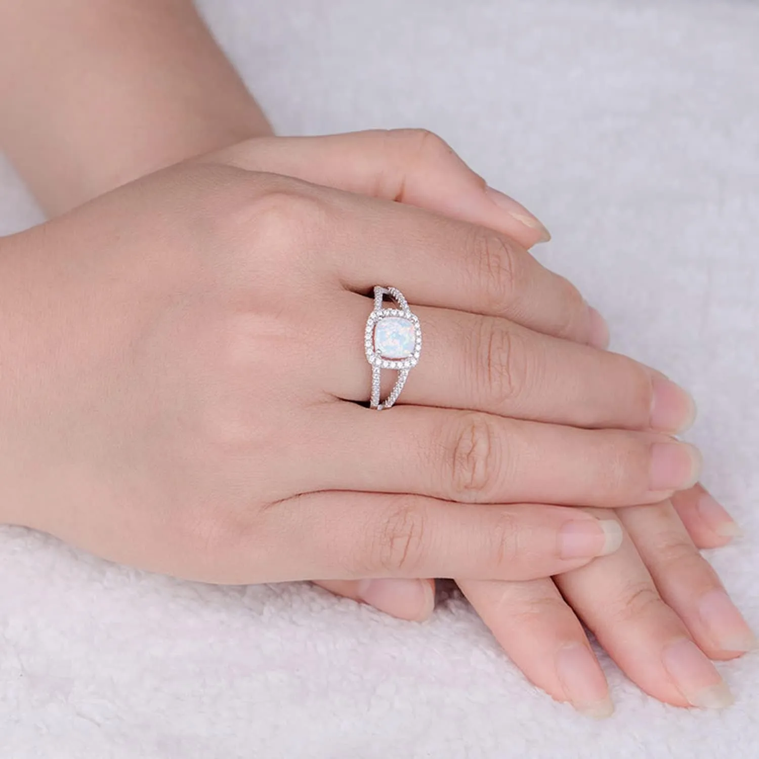 MDFUN Opal Engagement Halo Ring for Women Created Opal Cubic Zirconia 2 in 1 Rings Set 18k White Gold Plated Round CZ Promise Ring Bands Jewelry Gifts Size 5-10
