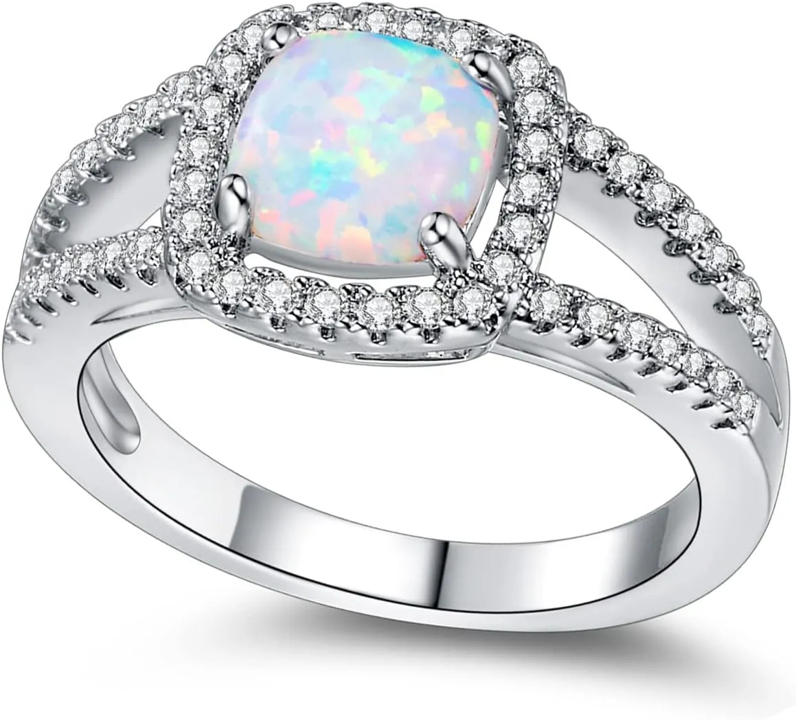 MDFUN Opal Engagement Halo Ring for Women Created Opal Cubic Zirconia 2 in 1 Rings Set 18k White Gold Plated Round CZ Promise Ring Bands Jewelry Gifts Size 5-10