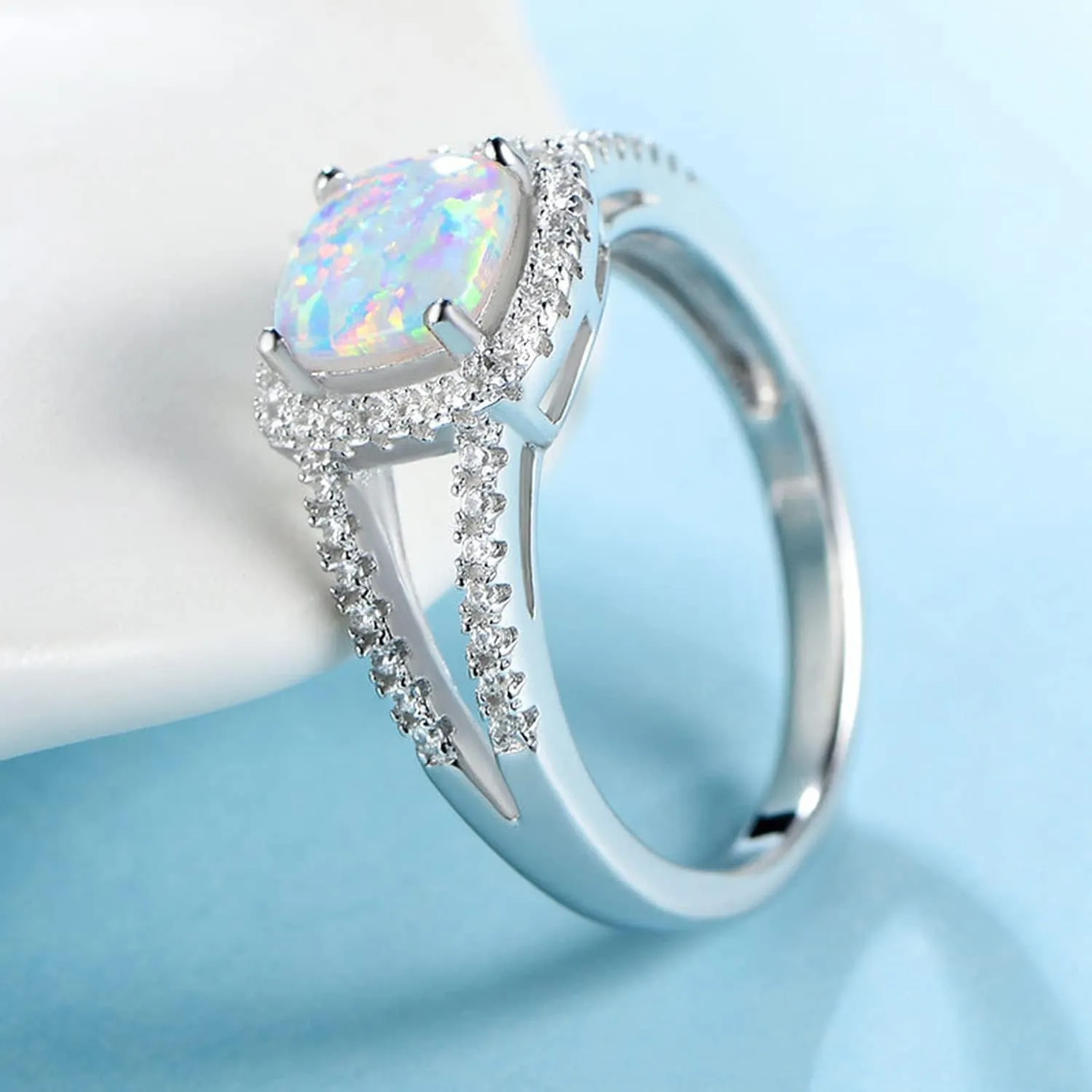 MDFUN Opal Engagement Halo Ring for Women Created Opal Cubic Zirconia 2 in 1 Rings Set 18k White Gold Plated Round CZ Promise Ring Bands Jewelry Gifts Size 5-10