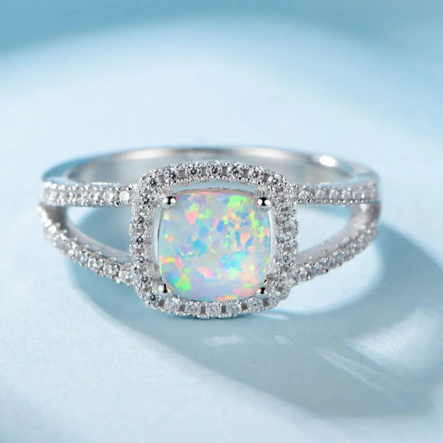 MDFUN Opal Engagement Halo Ring for Women Created Opal Cubic Zirconia 2 in 1 Rings Set 18k White Gold Plated Round CZ Promise Ring Bands Jewelry Gifts Size 5-10