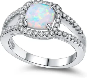 MDFUN Opal Engagement Halo Ring for Women Created Opal Cubic Zirconia 2 in 1 Rings Set 18k White Gold Plated Round CZ Promise Ring Bands Jewelry Gifts Size 5-10