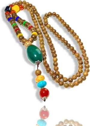 Mens Buddha Health Jade Nepal Buddhist Mala Wood Pendant Ethnic Turquoise Bodhisattva Amulet Talisman Bead Long Large Boho Chain Genuine Certified Grade A Jadeite Hand Crafted Necklace