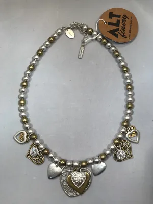 Metallic Pearl Choker with Spiral Heart Charms