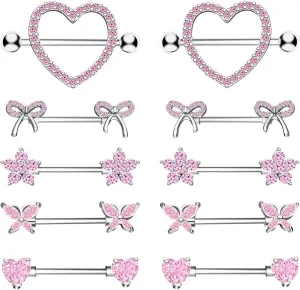 Nipple Rings - Surgical Stainless Steel Gold Silver Pink Blue Purple CZ Heart Butterfly Flower Bow Jewelry - 14 Gauge Nipple Bars and Barbells