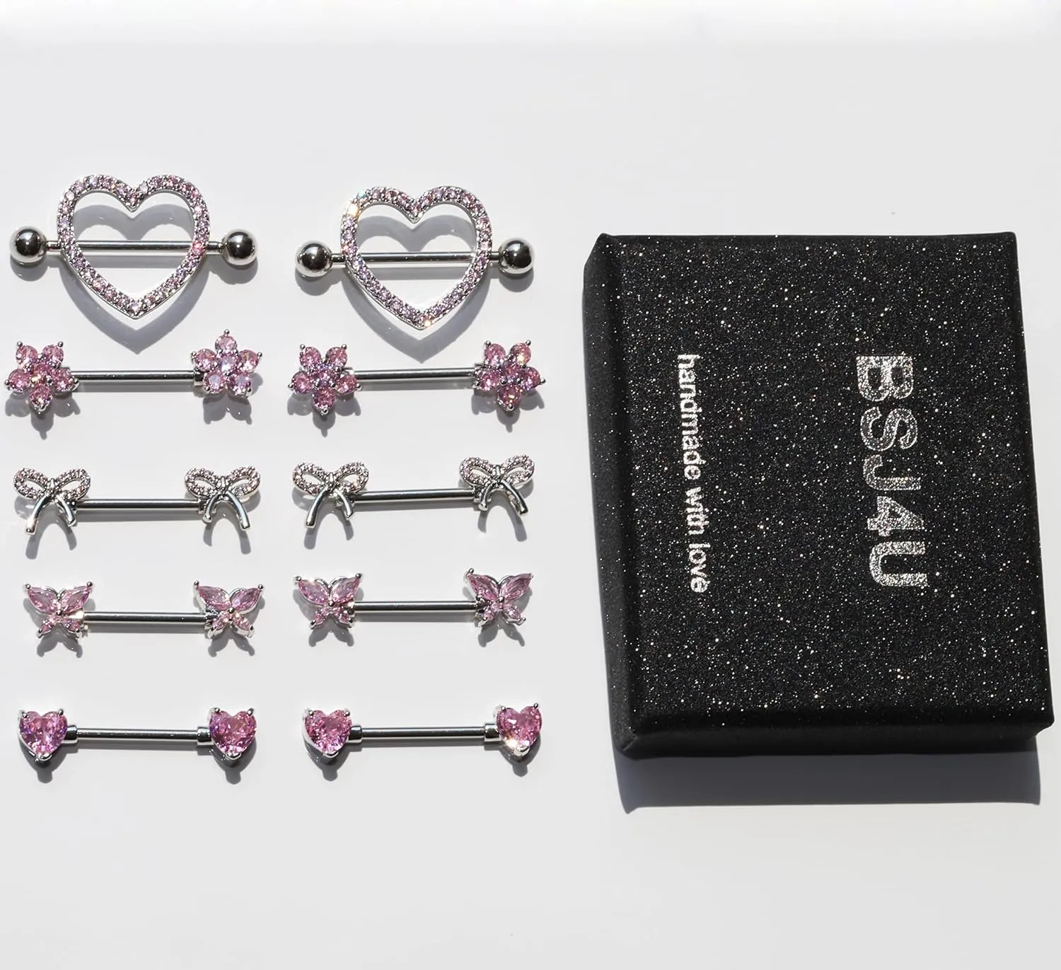 Nipple Rings - Surgical Stainless Steel Gold Silver Pink Blue Purple CZ Heart Butterfly Flower Bow Jewelry - 14 Gauge Nipple Bars and Barbells