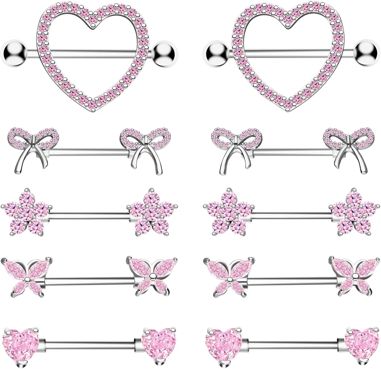 Nipple Rings - Surgical Stainless Steel Gold Silver Pink Blue Purple CZ Heart Butterfly Flower Bow Jewelry - 14 Gauge Nipple Bars and Barbells