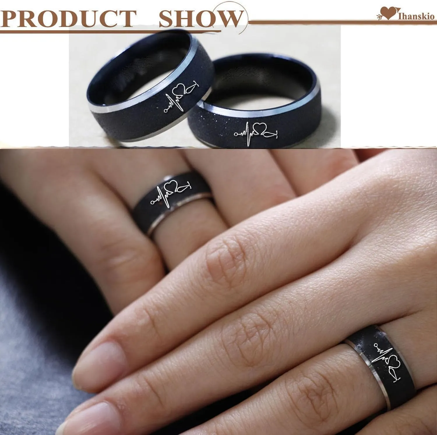 Personalized Matching Rings for Couples Frosted ECG Heartbeat Text Engraved Promise Gift Rings Custom Pair Bands for Anniversary Birthday Engagement Stainless Steel Width 8mm 6mm