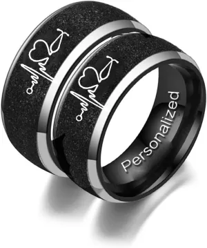Personalized Matching Rings for Couples Frosted ECG Heartbeat Text Engraved Promise Gift Rings Custom Pair Bands for Anniversary Birthday Engagement Stainless Steel Width 8mm 6mm