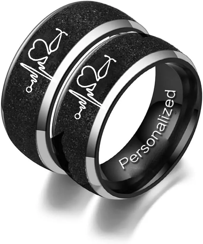 Personalized Matching Rings for Couples Frosted ECG Heartbeat Text Engraved Promise Gift Rings Custom Pair Bands for Anniversary Birthday Engagement Stainless Steel Width 8mm 6mm
