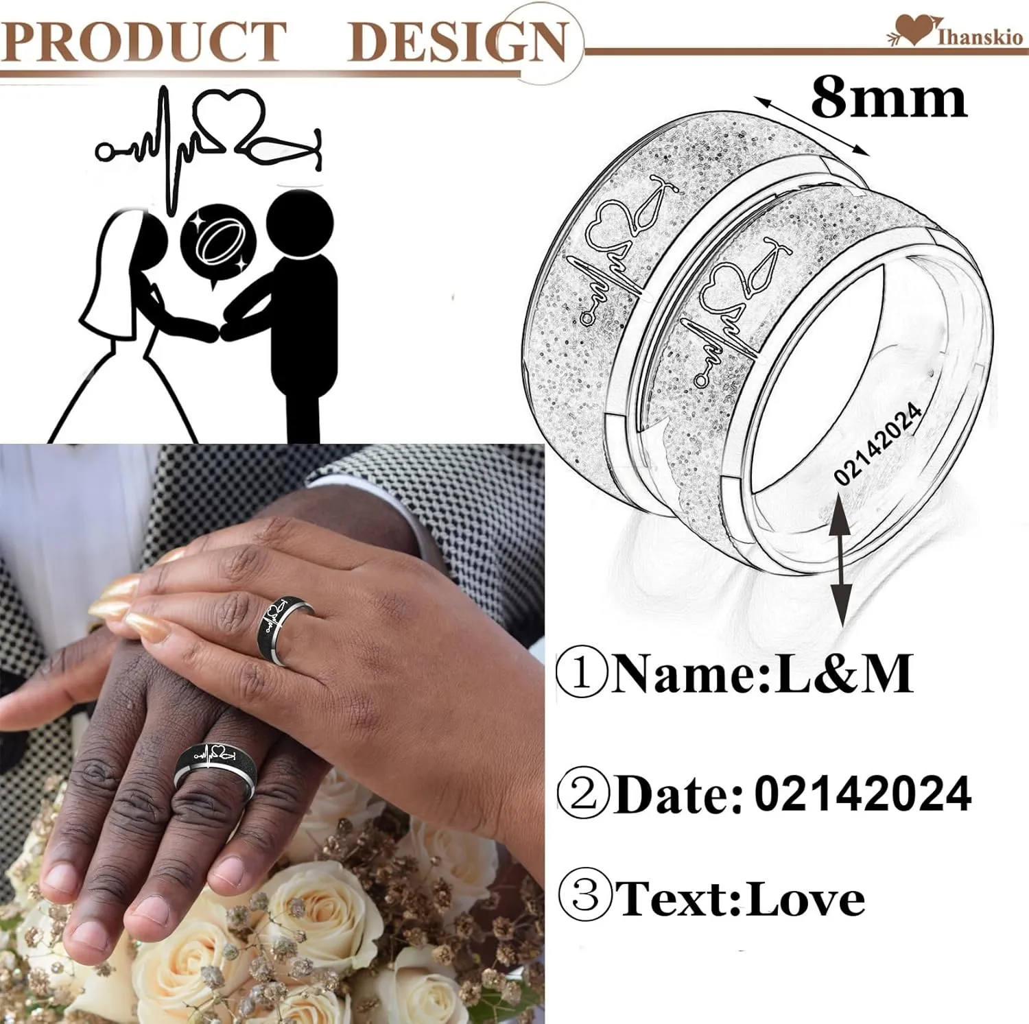 Personalized Matching Rings for Couples Frosted ECG Heartbeat Text Engraved Promise Gift Rings Custom Pair Bands for Anniversary Birthday Engagement Stainless Steel Width 8mm 6mm