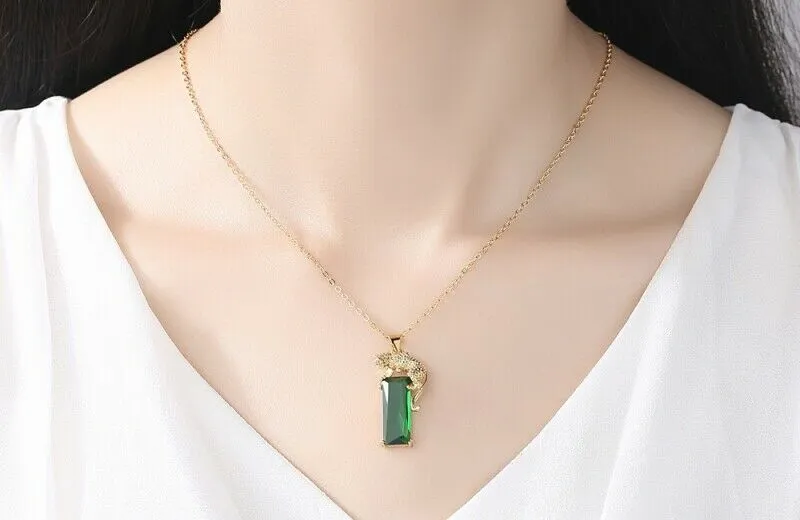 Rose Gold Green Emerald CZ Leopard Pendant Necklace
