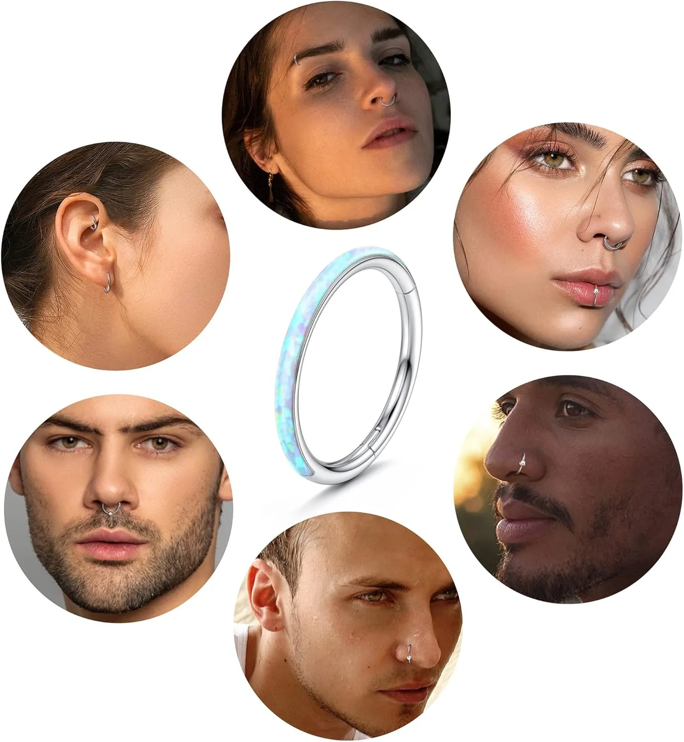 THUNARAZ 5Pcs 18G 16G Surgical Steel Nose Rings Hoop for Women CZ Opal Septum Hinged Clicker Segment Lip Rings Helix Cartilage Hoop Earring Rook Daith Seamless Body Piercing Rings for Women Men 8mm 10mm