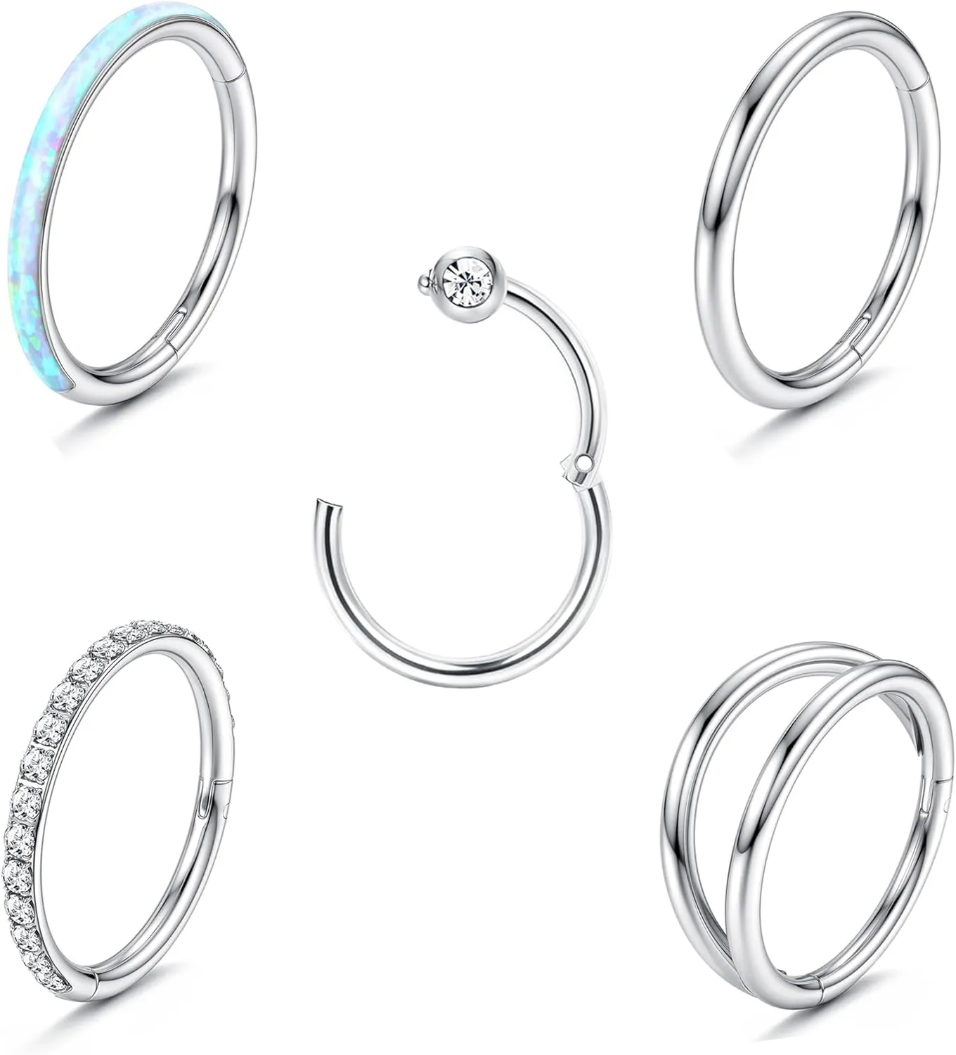 THUNARAZ 5Pcs 18G 16G Surgical Steel Nose Rings Hoop for Women CZ Opal Septum Hinged Clicker Segment Lip Rings Helix Cartilage Hoop Earring Rook Daith Seamless Body Piercing Rings for Women Men 8mm 10mm