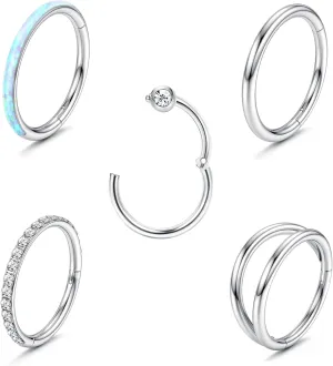 THUNARAZ 5Pcs 18G 16G Surgical Steel Nose Rings Hoop for Women CZ Opal Septum Hinged Clicker Segment Lip Rings Helix Cartilage Hoop Earring Rook Daith Seamless Body Piercing Rings for Women Men 8mm 10mm