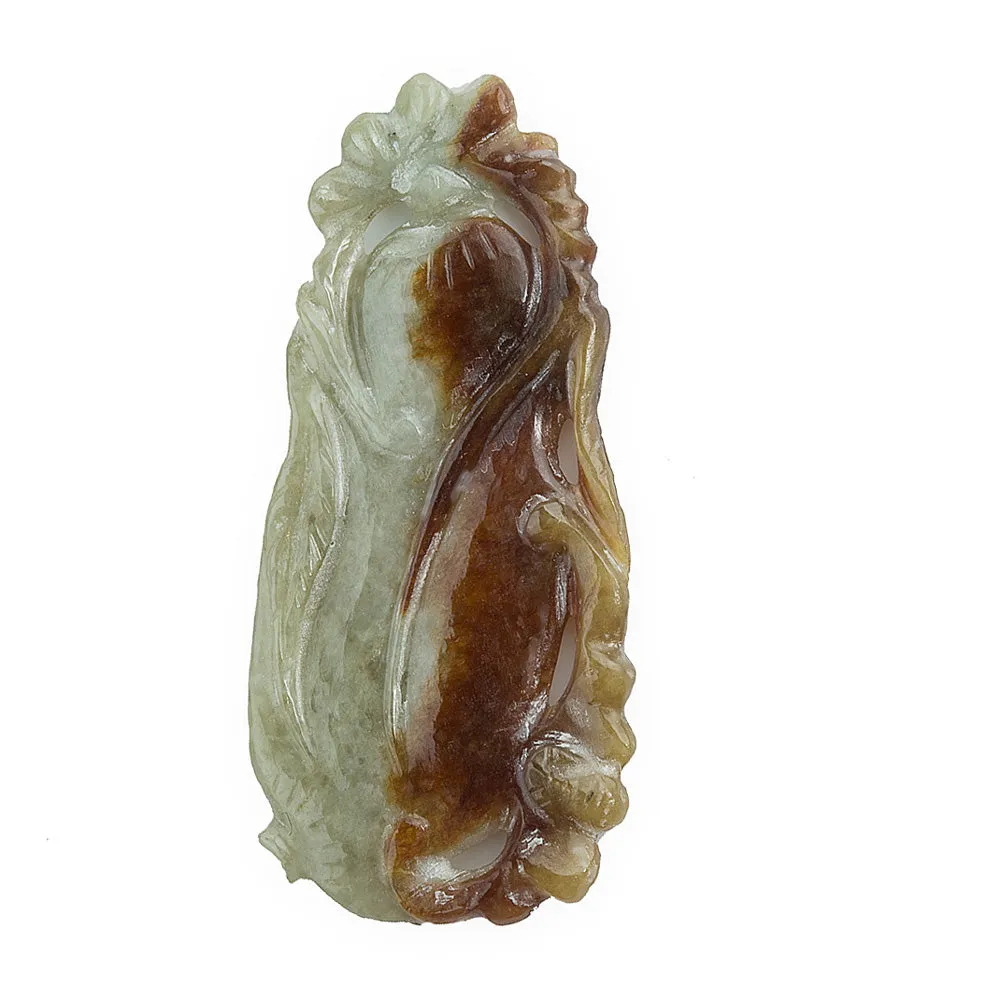 Vintage green and rust red carved jadeite pendant in shape of a gourd. j-pdja704e