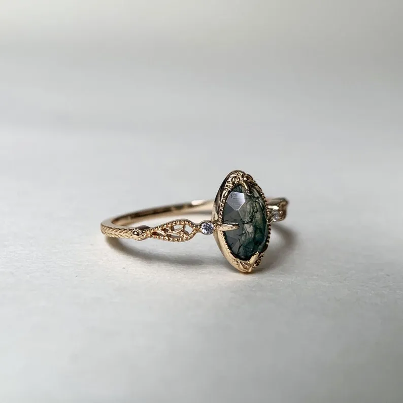 Vintage Moss Agate Engagement Ring Gold Oval Green Gemstone Promise Rings Jewelry Gift for Women