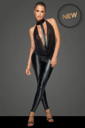Wetlook Half Cut Jumpsuit with Tulle Top and Choker